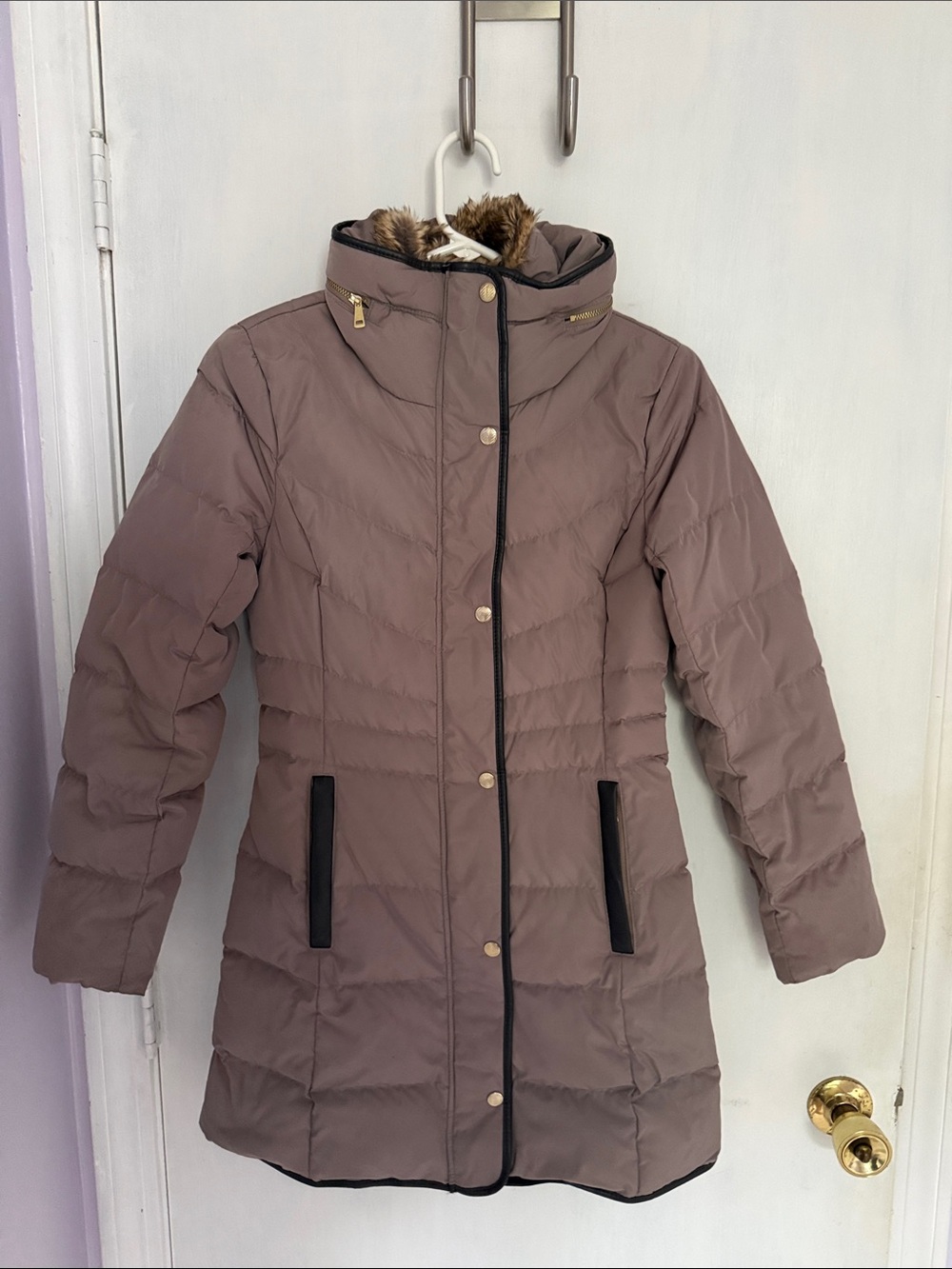 Cole Haan Taupe Quilted Long Puffer Coat with Faux-Fur Trim